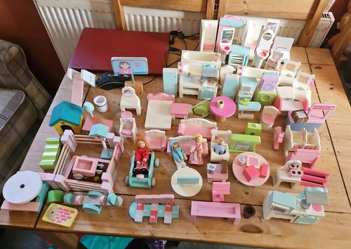 Wooden doll house - doll, furniture